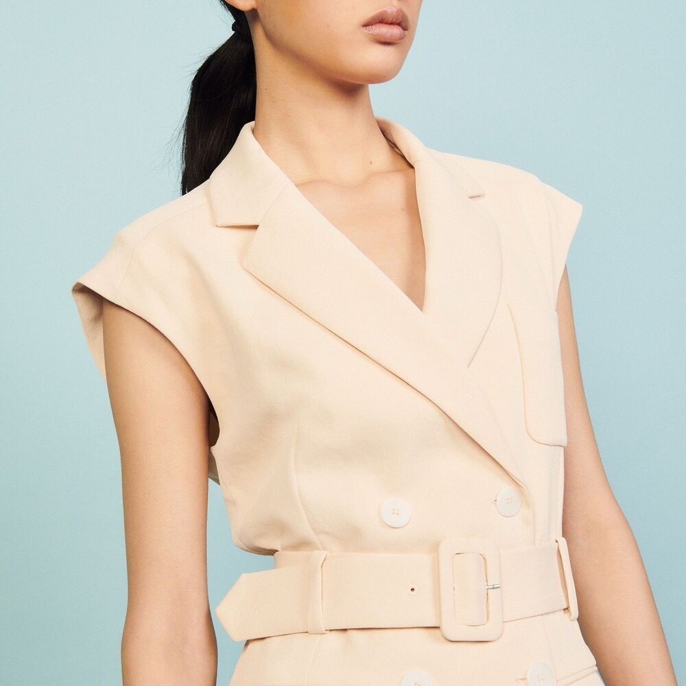 Sandro Alexine Tailored Blazer Dress Size 42 Beige Cream Quiet Luxury Minimalist - Picture 2 of 14